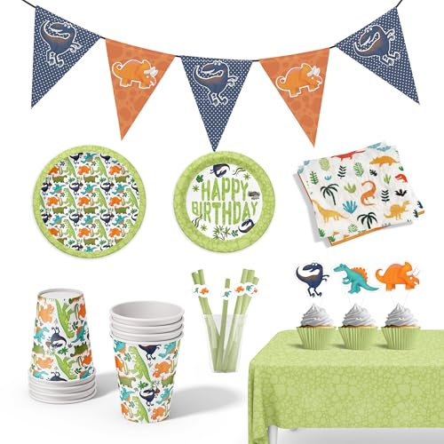 Pack Vajilla Infantil Dinosaurio 156 Piezas, Platos y Vasos para Cumpleaños, Decoracion Fiesta, Platos Desechable, Vajilla Cumpleaños Infantil, Baby Shower, Vasos Desechables