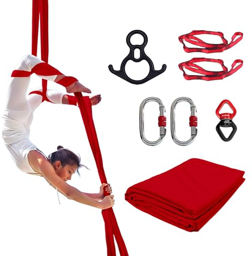 PRIORMAN Aerial Silks Set, Premium 9,1 m, mitteldehnbares 40D-Nylongewebe mit Hardware-Takeling-Set, Aerial Yoga Hängematte für Anti-Schwerkraft-Fliegen, Starter-Set für alle Ebenen, Heim/Outdoor (rot