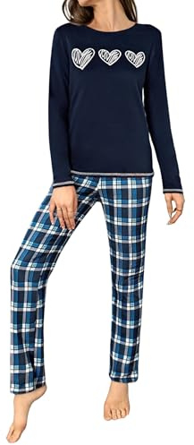 Marvmys Ensemble De Pyjama Femme Coton Hiver Vêtements De Nuit Long Manches Longues Col Rond Pyjamas Imprimé en Coeur Pantalon à Plaids S-XXL
