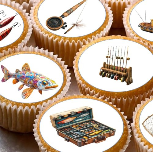 Fishing Pre-cut Edible Wafer Cupcake Toppers, Angling Cake Decoration x 24