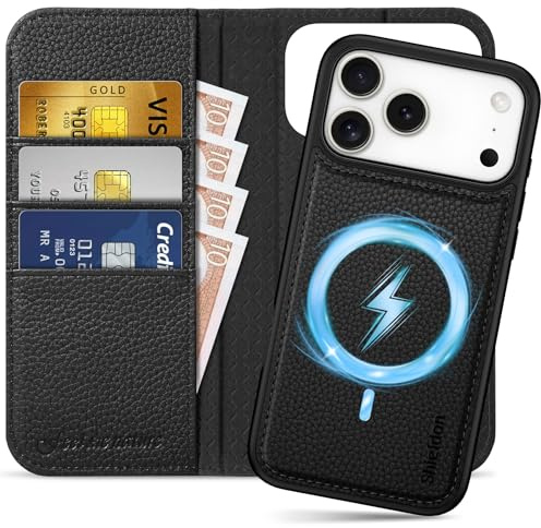 SHIELDON 2-i-1 fodral för iPhone 18 Pro Max/17 Pro Max 6,9, litchi svart | Draadloos opladen, 3 kaartsleuven, standaard, RFID-blokker, Nötläder, 2-in-1 telefoonhoes, magnetische klaphoes