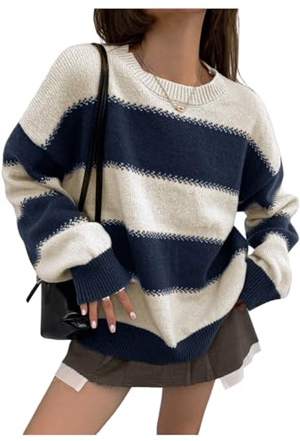 Verdusa Women's Striped Sweater Pullovers Sweaters Long Sleeve Knit Tops