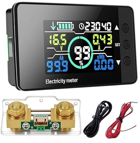 500A Battery Monitor with Shunt 7.5-100V Multimeter with LCD Large Screen Testing Digital Indicator Battery Meter with Calibration and Alarm, Backlight Timing for Solar System Cart RV