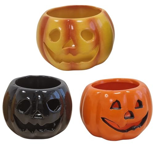 3er Set Halloween Kürbis Teelichthalter Keramik 6,5 cm – 3 Designs in Orange Schwarz Gelb-Orange – Deko Kürbisse für Herbst und Halloween Party – Logbuch-Verlag