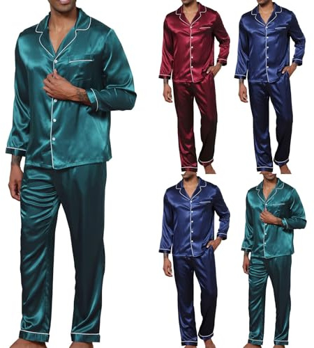 Seiden-Pyjama für Herren, langärmelig, Knopfleiste für Herren, Nachtwäsche, Seide, Pyjama-Set, superweich, Nachtwäsche, Loungewear, einfarbig, Satin, lockere Passform, zweiteiliges Pyjama-Set, rot