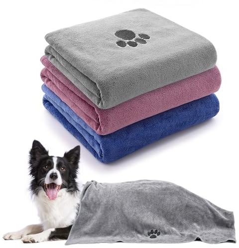 ZYQUES 3 Pack Dog Towel, 100 x 50 cm Dog Towels for Drying Dogs Super Absorbent Puppy Blanket Fast Drying Pet Towel for Dogs Cats and Other Pets