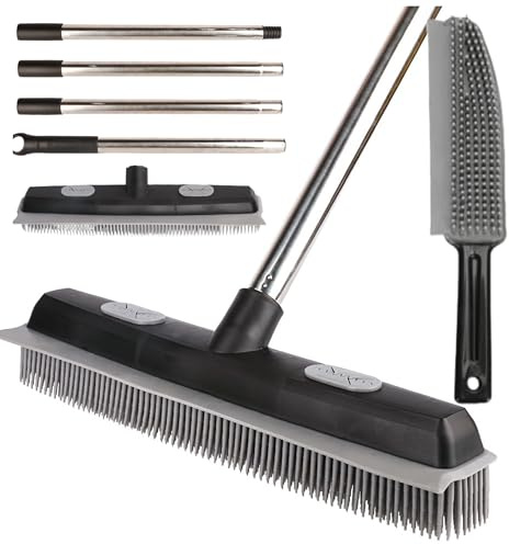 Rubber Brush with Silicone Squeegee, 146 cm Carpet Brush for Pet Hair, Fur Remover Tool with Detailing Lint Comb for Cleaning Rug, Tile, Hardwood Floor Grey-Black