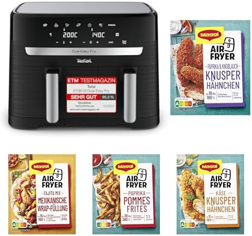 Tefal Dual Easy Fry Heißluftfritteuse, 8,3 L Air Fryer, 6-8 Portionen, EY9018 und MAGGI Airfryer Knusper Hähnchen & Käse, Hähnchen & Paprika, Pommes Frites, Mexikanische Wrap Füllung