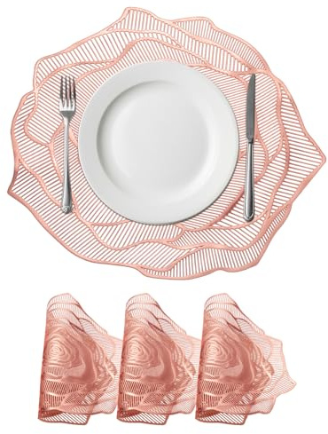 QUARKZMAN Set Di 4 Sottopiatti Rotondi Floreali In Rosa Oro Per Tavoli Da Pranzo, Sottopiatti In Polivinile Metallizzato Lavabili Per Decorazione Tavolo (15 x 15/38 x 38cm)