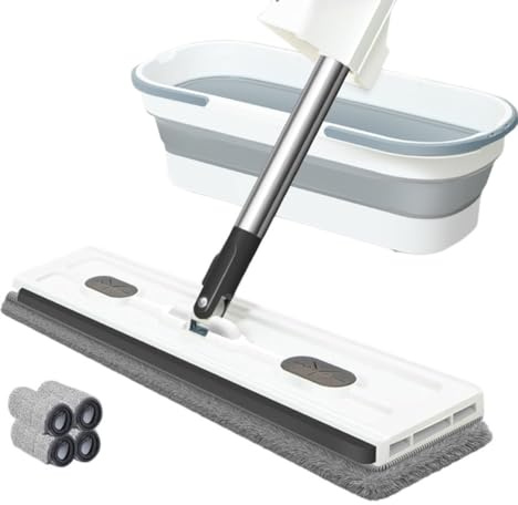 NiuLumea Mopa plana grande con cabezal giratorio de 360 grados, mango ajustable de acero inoxidable para azulejos, madera dura y ventanas, juego de limpieza fácil de usar con almohadillas