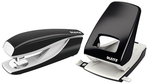 Leitz NeXXt Büroheftgerät 55020095 aus Metall, Für 30 Blatt & starker Bürolocher 51380095 aus Metall, Für 40 Blatt, Anschlagschiene mit Formatangaben, Ergonomisches Design, schwarz