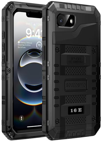 seacosmo iPhone 16E skal, IP68 vattentätt iPhone 17E skal, militärklass stötsäkert mobilskal med inbyggt skärmskydd och kameraskydd, 360° fullt skydd metallskal för iPhone 16E / 17E, svart