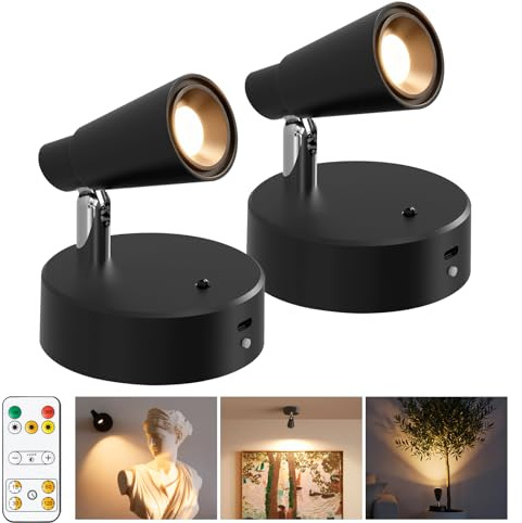 Fevislight Faretto LED Interno Senza Fili con Ricaricabile Batteria da 5000mAh, 2 Pezzi Faretti da Parete con Dimmerabile & 3 Temperature Colore per Letto Tocco & Telecomando
