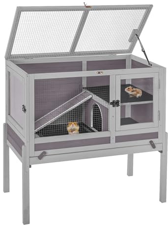 AivituvinPet Kleintierkäfig Indoor Deluxe, Nagerkäfig, Kleintierstall, Holz, Metallgitter, Hasen, Kaninchen, Meerschweinchen, Hamster, mit Holzhaus (Grau)