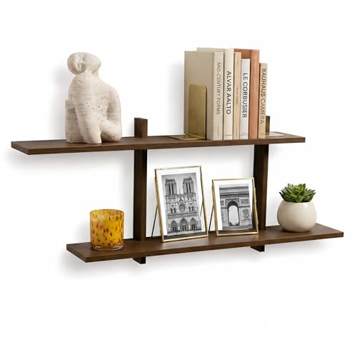 Afuly Estantería Pared Nogal, Balda Madera de 2 Niveles Ajustables, Móviles