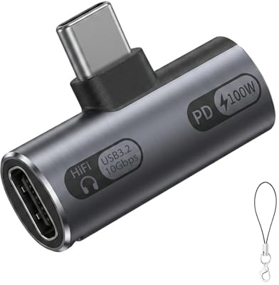 Adaptador USB C a Jack de 3,5 mm y carga - 2 en 1 de doble puerto tipo C con carga rápida PD de 100 W y transferencia de datos de 10 Gbps, convertidor de audio para ordenador portátil, tableta y