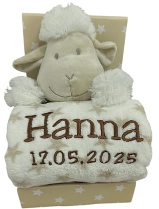 KIDDI-MEDIA Babydecke mit Name & Geburtsdatum Bestickt, Beige/Weiss | Inkl. Plüsch Stofftier, Geschenk Taufe Geburt, CE-Zertifizierung, Schaf