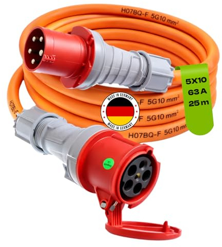 Starkstromkabel 63A 25m H07BQ-F 5x10 Starkstrom Verlängerungskabel CEE Verlängerung 63 Ampere Kabel 5x10mm2 Baustelle Werkstatt Industrie Geeignet Outdoor IP44 Spritzwassergeschütz