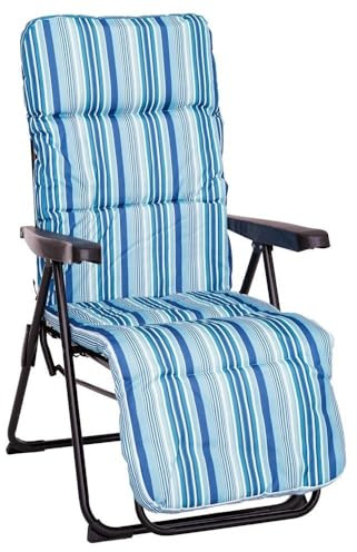 LOLAhome Sillón de Jardín Acolchado, Reclinable con Reposapiés Azul. Estructura de Tubo de Acero anticorrosión y Lona a Rayas. Colchón de 5 cm de Grosor, Plegable. 61x58x106 cm.