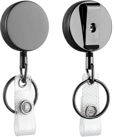 Will Well ID Badge Holder Reel with Clip and Keyring - Heavy-Duty All-Metal Casing with 27.5 UHMWPE Fiber Pull Cord for Durability and Easy Access, Holds up to 8 Keys - 2-Pack, Round, Glossy Black