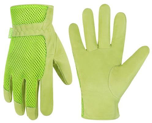 HANDLANDY Leder-Gartenhandschuhe für Damen, 3D-Netzstoff, Beweglichkeit und Atmungsaktivität, robuster Schweinsleder, Kratzfestige Gartenarbeitshandschuhe