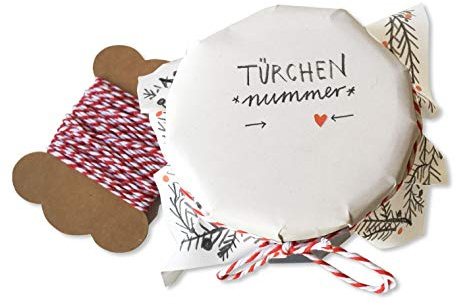 25 Marmeladendeckchen für Marmeladen Adventskalender zum befüllen, Gläserdeckchen weiß mit Tannenzeigen für Marmeladengläser & Einmachgläser, Recyclingpapier Abreißblock + 10 m Garn + Justiergummi