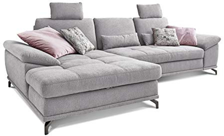 Cavadore L-Form-Sofa Castiel mit Federkern / Großes Schlafsofa mit Bettfunktion, Sitztiefenverstellung, Kopfstützen und XL-Longchair / 312 x 114 x 173 / Webstoff, Hellgrau