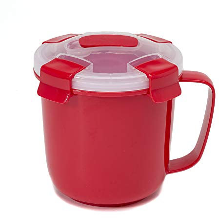 Ecolution Mikrowellen-Suppentasse mit vierfachem Schnappverschluss-Deckel, belüfteter Silikonbezug, leicht zu öffnen, auslaufsicher, spülmaschinenfest, Haferflocken, Müsli-Nudeln, 3 Tassen, Rot