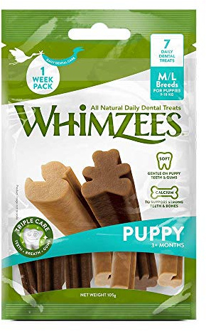 Whimzees Puppy, natürliche getreidefreie Zahnpflegesnacks für Welpen, Kaustangen für Hunde, M/L - 7 Stück, Gemüse, 105 g