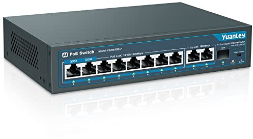 YuanLey 11 Porte Switch Gigabit Poe, 8 Porte Poe+ 1000 Mbps, 2 Gigabit Uplink, 1 Porta SFP, 120W 802.3af/at, Metal, Qos, Switch Ethernet Non gestito Plug And Play AI Smart Detection