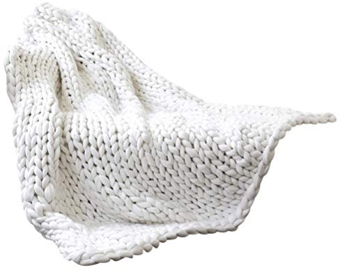 Stecto Strickdecke aus dicker Wolle, handgestrickt, grobmaschig, gestrickte Wolldecke, große Maschen, Tagesdecke, Sofa, Schlafmatte, weiß, 80 x 100 cm
