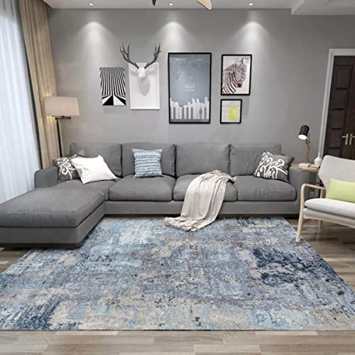 Rururug Rechteckig Teppich Moderner Läufer Orientteppich Kurzflor Flur Schlafzimmer Küche Wohnzimmer rutschfest Waschbar, Schleifendes weißes blaues graues abstraktes Design 90 x 150 cm