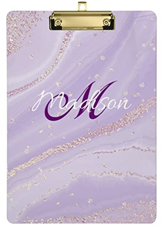 Personalisiertes Acryl-Klemmbrett, A4, Standardgröße, violette Marmor-Hartfaserplatte mit Namen für Studenten, Männer, Frauen, 22,9 x 31,8 cm, mit flachem Metallclip