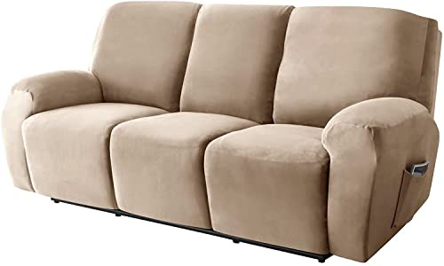 Funda de Sofá Reclinable Elástica Funda de Sillón Relax Terciopelo con Bolsillo Lateral Fundas de Sofá Reclinable Antideslizantes Fundas de Muebles con Fondo Elástico (Camello,3 Plazas 8-Piezas)