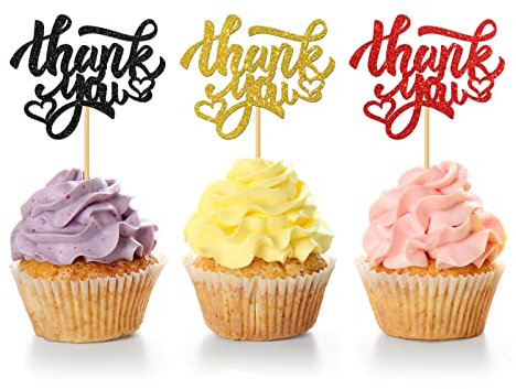 MonMon & Craft Thank You Cupcake Toppers / Wedding Cupcake Decor / Baby Showe Birthday Retirement Engagment / Thanksgiving Day Party Cupcake Decorations / Glitter 24 Pcs