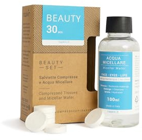 Napkin Komprimierte Make-up-Entferner-Handtücher mit Mizellenwasser – 30 biologisch abbaubare Viskose-Tücher + 100 ml Reiniger – dermatologisch getestet, hypoallergen & reisefreundlich – hergestellt