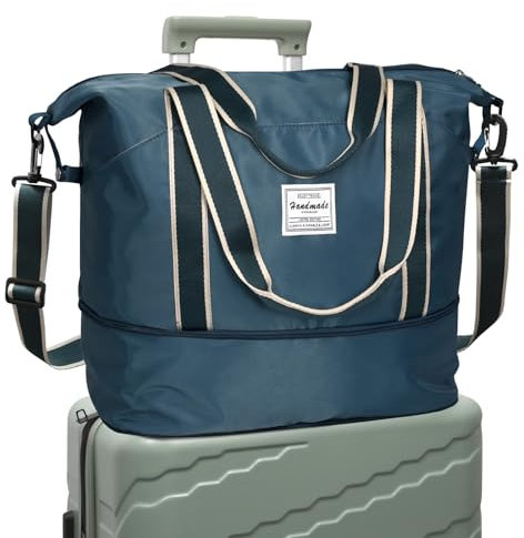 DMluna wasserdichter Reise-Seesack - Tragetasche, Sporttasche, Schultertasche - Wochenendtasche für Damen und Herren - Krankenhaus-Tasche - Erweiterbar mit Trolley-Ärmel und Nasstasche - Pfauenblau