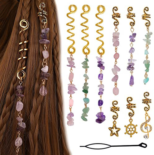 IOSPKKIO® 9-teiliger Haarschmuck für Zöpfe, Hat 1 schwarze Haarnadel, naturfarbener Kristallstein, Haargeflecht-Zubehör, goldene Dreadlock-Haarspiralen