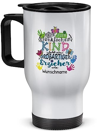 Tassendruck Edelstahl-Thermobecher selbst gestalten mit Name - Hinter jedem Kind steht - Geschenke für Erzieher Abschiedsgeschenk, Coffee to Go Becher | Personalisiertes Geschenk, Weiß, 390 ml