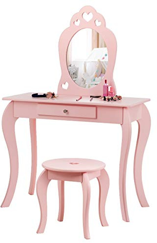 COSTWAY Kids Vanity Table and Stool, 2 in 1 Girls Makeup Dressing Table with Removable Mirror and Drawer, Wooden Children Study Desk and Chair Set (Pink)