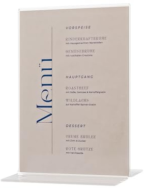 EH Design Acryl Aufsteller – Kristallklarer Tischaufsteller – T-Ständer mit polierten Kanten – Für Gastronomie, Büro, Hochzeit & mehr – Made in DE (1, DIN A3)