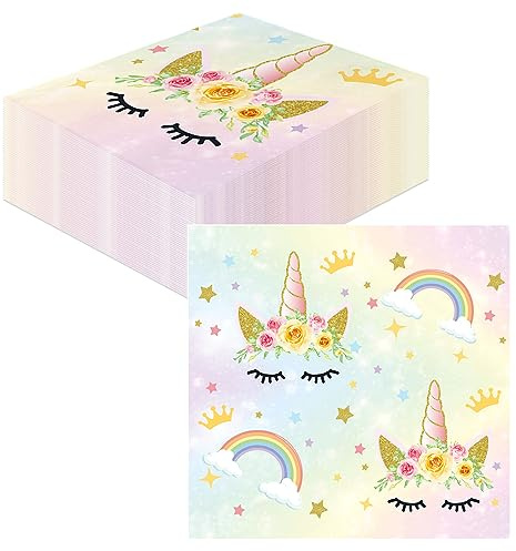 GROVBLE 40 Stück Einhorn-Servietten, Kindergeburtstag, Mädchen, Happy Birthday, Papierservietten, Partydekorationen für Babyparty, Tischdeko 33x33cm
