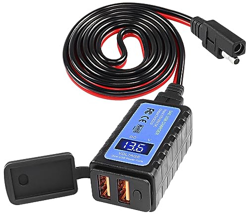MEIRIYFA Motorrad USB Ladegerät, SAE zu Dual USB QC3.0 3A Schnellladegerät mit Voltmeter, Wasserdicht, Schwarz, 5V/3A, 9V/3A, 12V/3A