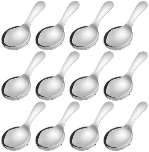 Runde Dessertlöffel, Edelstahl, Salzlöffel, kurzer Griff, Kaffeelöffel, Mini-Löffel für kleine Gläser, Eiscreme, 12 Stück (S12)