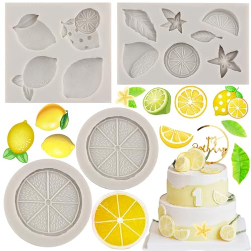 MYPRACS Lemon Fondant Moulds Summer Fruit Silicone Candy Chocolate Mould Lemon Slices Resin Moulds for Cake Decorating Cupcake Topper Candy Chocolate Gum Paste Polymer Clay Set of 4