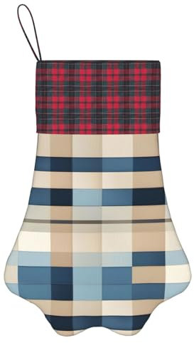 Blau beige quadratisches Muster dekorative Weihnachtsstrümpfe – haustierfreundliche Hundepfote Weihnachtsstrümpfe – perfekte Feiertagsdekoration