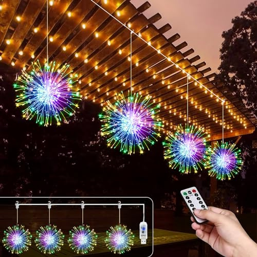 Micacorn LED Fairy String Lights, 4 Piezas USB Fuegos Artificiales Luces 480 LED 8 Modos Luces Impermeables con Remoto Control Guirnalda Luces para Home Natale Boda Fiesta Navidad