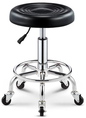 Verstellbarer hydraulischer Hocker aus Leder mit Rollen und Fußstütze für Labor, Büro, Küche und Geschäft, Zeichnungssalon, Tattoo, Arbeit, Büro, Schönheitssalon, Klinik, Zahnarzt (schwarz)