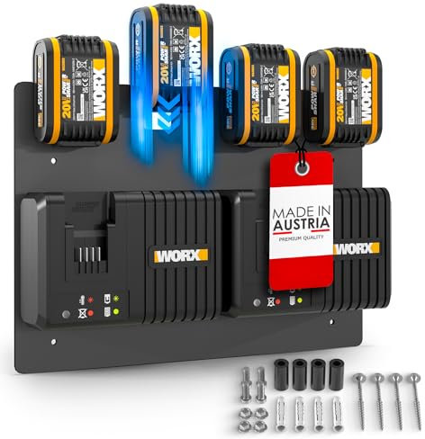 Wandfest® Wandhalterung für Worx Akkus und Ladegeräte - Das Original [Made in Austria] Worx Akku Halterung für 4 Akkus - Jetzt mehr Ordnung in Werkstatt und Garage