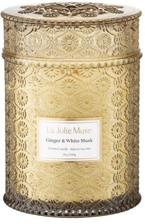 LA JOLIE MUSE Ginger & White Musk Candle | Ginger, Lemongrass & Musk | 19 oz Wooden Wick | Natural Soy Wax | 90 Hours Clean Burn | Gift-Ready for Hosts & Gathering| Seasonal Home Décor